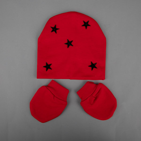 TIPY TIPY TAP UNISEX STAR EMBELLISHED CAP WITH MITTENS - RED