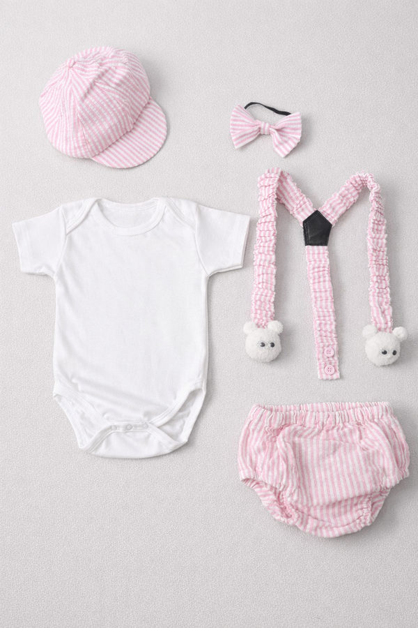TIPY TIPY TAP 5PC BOYS BODYSUIT WITH BLUMER,SUSPENDERS,BOW AND CAP - PINK/WHITE