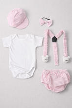 TIPY TIPY TAP 5PC BOYS BODYSUIT WITH BLUMER,SUSPENDERS,BOW AND CAP - PINK/WHITE