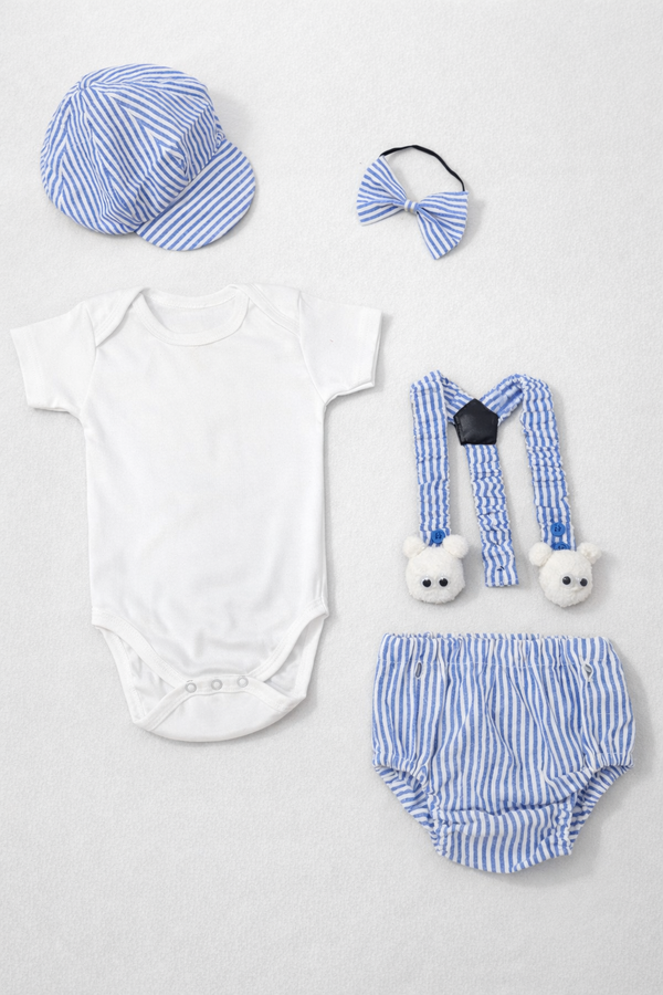 TIPY TIPY TAP 5PC BOYS BODYSUIT WITH BLUMER,SUSPENDERS,BOW AND CAP - BLUE/WHITE