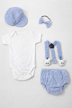 TIPY TIPY TAP 5PC BOYS BODYSUIT WITH BLUMER,SUSPENDERS,BOW AND CAP - BLUE/WHITE