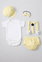TIPY TIPY TAP 5PC BOYS BODYSUIT WITH BLUMER,SUSPENDERS,BOW AND CAP - YELLOW/WHITE