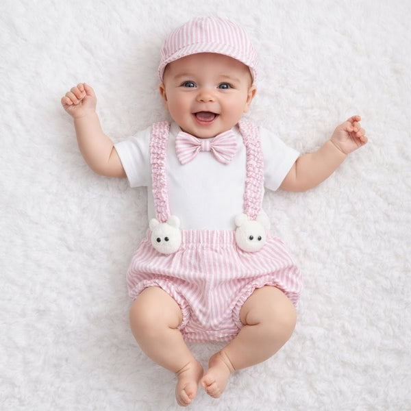 TIPY TIPY TAP 5PC BOYS BODYSUIT WITH BLUMER,SUSPENDERS,BOW AND CAP - PINK/WHITE