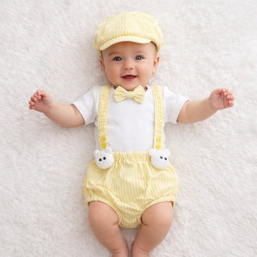 TIPY TIPY TAP 5PC BOYS BODYSUIT WITH BLUMER,SUSPENDERS,BOW AND CAP - YELLOW/WHITE