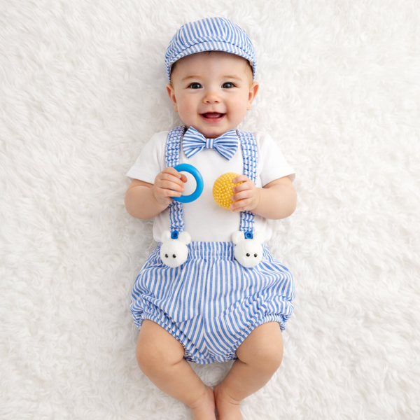 TIPY TIPY TAP 5PC BOYS BODYSUIT WITH BLUMER,SUSPENDERS,BOW AND CAP - BLUE/WHITE