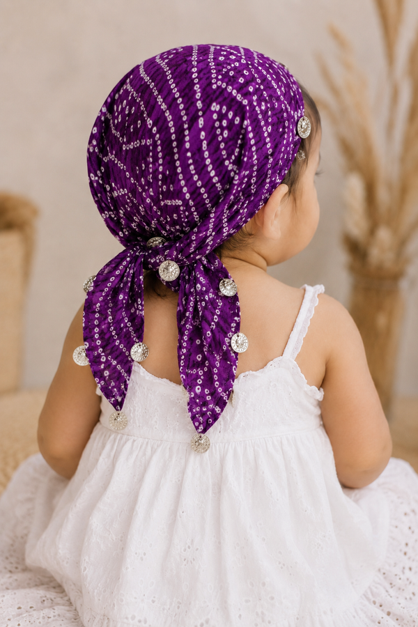 TIPY TIPY TAP Girls Purple Bandhani Dupatta with Silver Coin Tassels | Traditional Festive Accessory