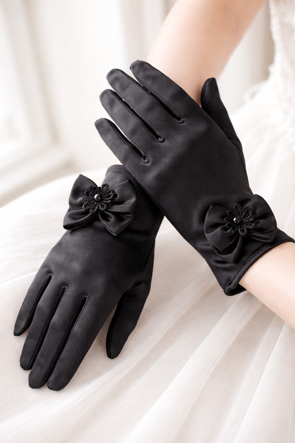 TIPY TIPY TAP FULLFINGER SATIN BOW GLOVES - BLACK