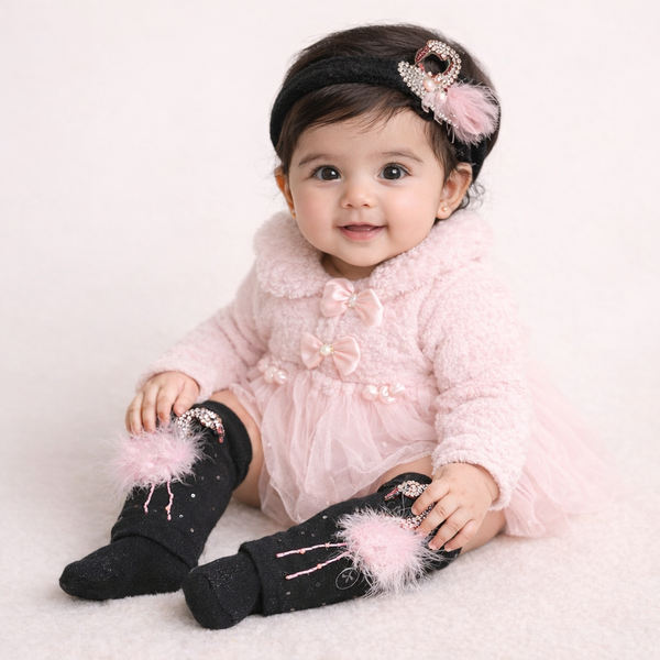TIPY TIPY TAP FLAMINGO EMBELLISHED LEGWARMERS WITH SOCKS & HEADBAND - BLACK