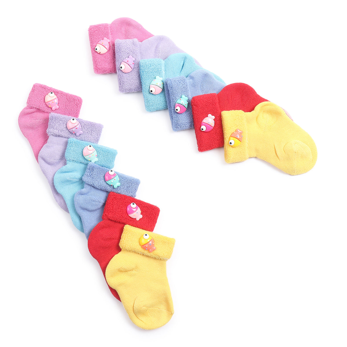 TIPY TIPY TAP SET OF 6 COTTON FISH SOCKS - RED,YELLOW,PINK,LILAC,BLUE,TURQOISE