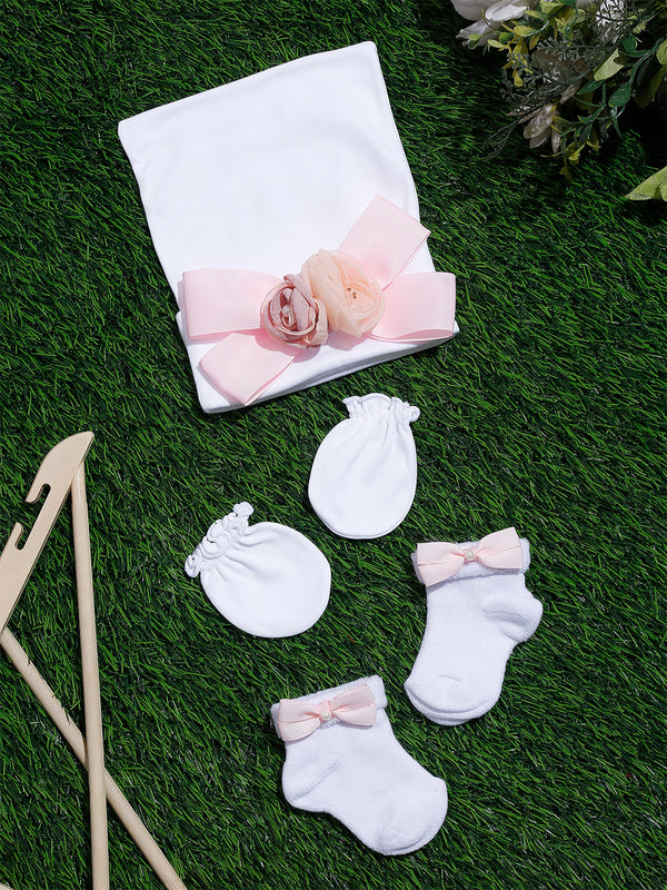 TIPY TIPY TAP BOW FLOWER INFANT CAP WITH SOCKS AND MITTENS - WHITE/PINK