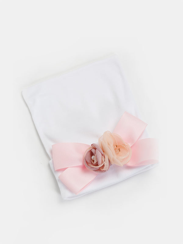 TIPY TIPY TAP BOW FLOWER INFANT CAP WITH SOCKS AND MITTENS - WHITE/PINK