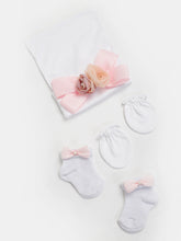 TIPY TIPY TAP BOW FLOWER INFANT CAP WITH SOCKS AND MITTENS - WHITE/PINK