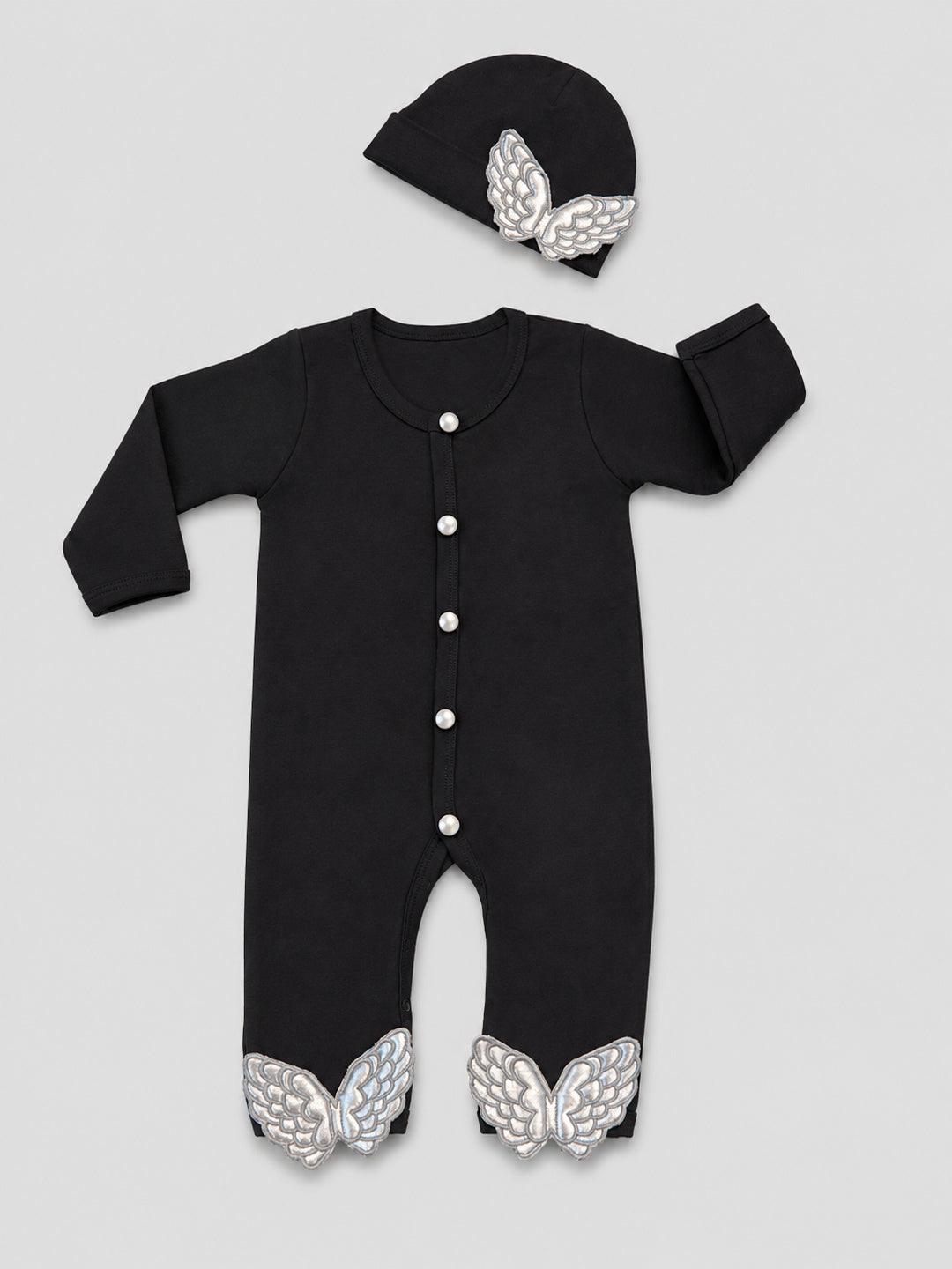 TIPY TIPY TAP ANGEL WINGS SLEEPSUIT WITH CAP - BLACK