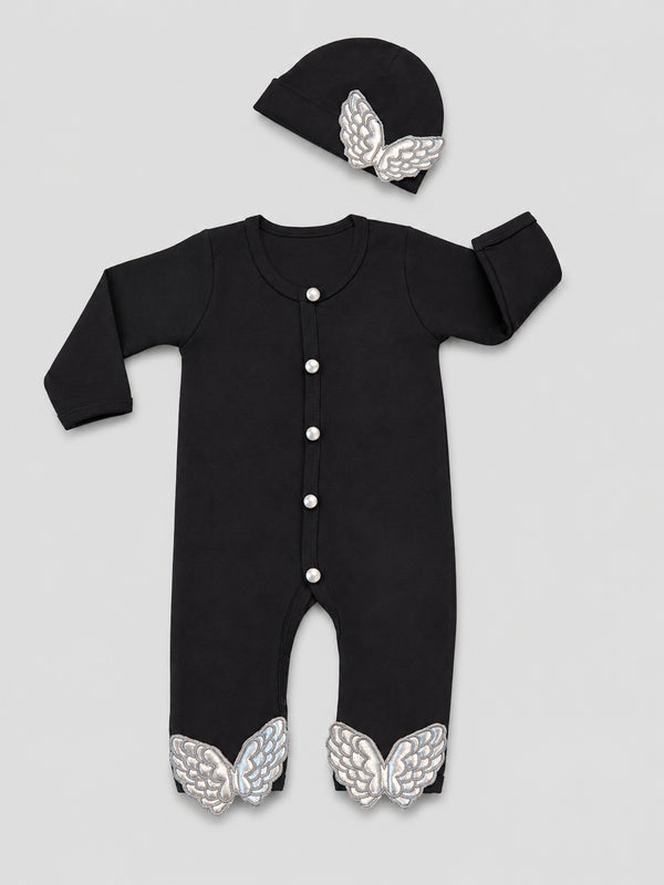 TIPY TIPY TAP ANGEL WINGS SLEEPSUIT WITH CAP - BLACK