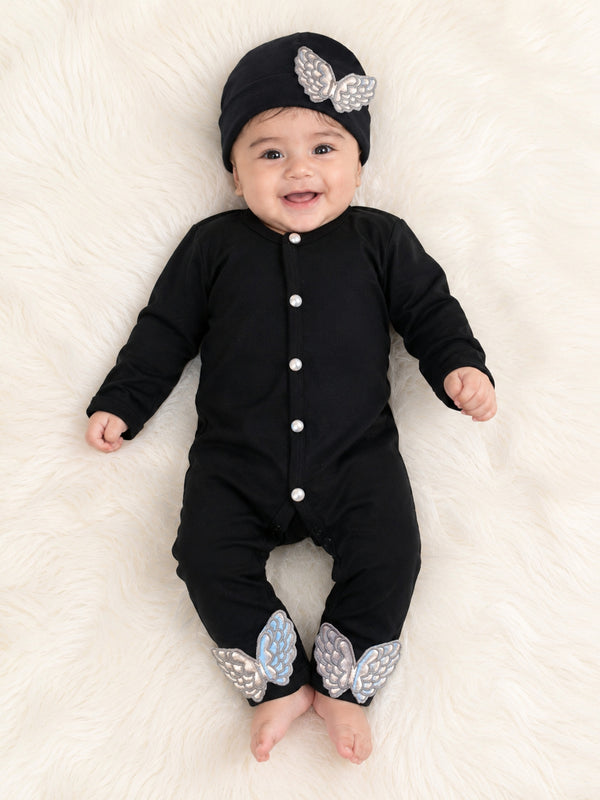 TIPY TIPY TAP ANGEL WINGS SLEEPSUIT WITH CAP - BLACK