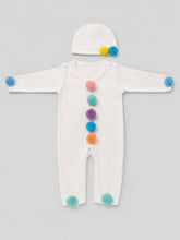 TIPY TIPY TAP POM POM SLEEPSUIT WITH CAP - WHITE