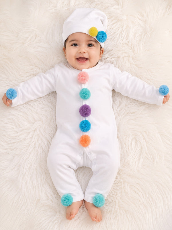 TIPY TIPY TAP POM POM SLEEPSUIT WITH CAP - WHITE