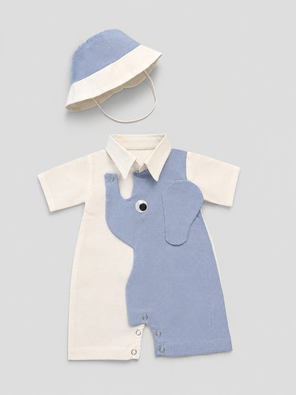 TIPY TIPY TAP ELEPHANT PLAYSUIT WITH BUCKET CAP - BLUE/WHITE