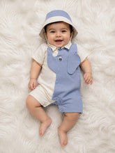 TIPY TIPY TAP ELEPHANT PLAYSUIT WITH BUCKET CAP - BLUE/WHITE