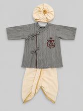TIPY TIPY TAP GANESHJI EMBROIDERED ANGRAKHA STYLE KURTA WITH DHOTI AND TURBAN CAP - GREY/WHITE