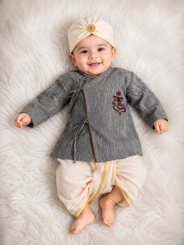 TIPY TIPY TAP GANESHJI EMBROIDERED ANGRAKHA STYLE KURTA WITH DHOTI AND TURBAN CAP - GREY/WHITE