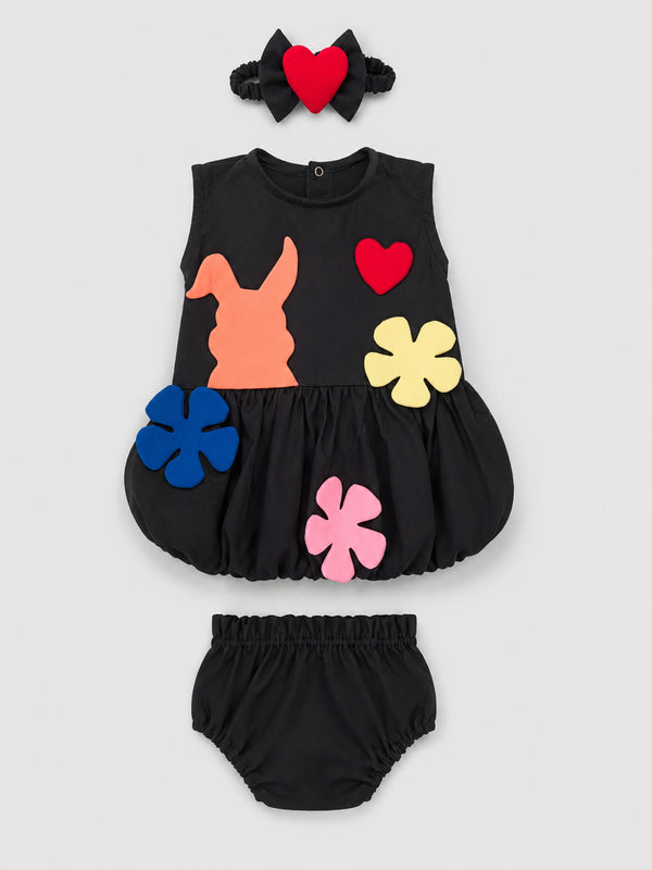 TIPY TIPY TAP FROCK WITH APPLIQUE CARTOONS, BLUMER AND HEADBAND - BLACK/MULTI