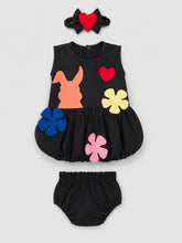 TIPY TIPY TAP FROCK WITH APPLIQUE CARTOONS, BLUMER AND HEADBAND - BLACK/MULTI
