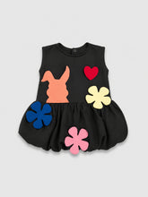 TIPY TIPY TAP FROCK WITH APPLIQUE CARTOONS, BLUMER AND HEADBAND - BLACK/MULTI