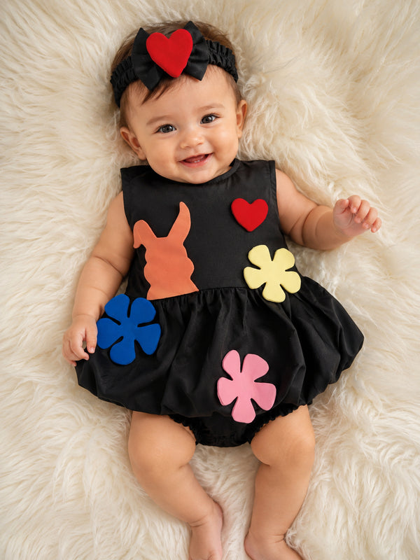 TIPY TIPY TAP FROCK WITH APPLIQUE CARTOONS, BLUMER AND HEADBAND - BLACK/MULTI