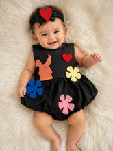 TIPY TIPY TAP FROCK WITH APPLIQUE CARTOONS, BLUMER AND HEADBAND - BLACK/MULTI