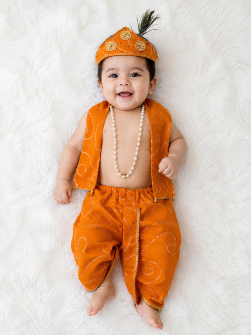 TIPY TIPY TAP JANMASHTMI DHOTI WITH STOLE,CROWN AND MALA - ORANGE