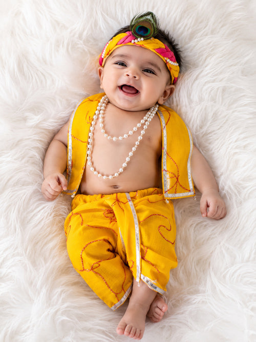 TIPY TIPY TAP JANMASHTMI DHOTI WITH STOLE,CROWN AND MALA - YELLOW