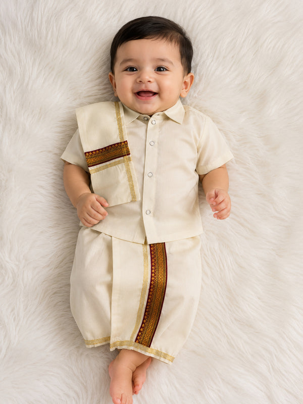 TIPY TIPY TAP WHITE ONAM DHOTI AND SHIRT SET WITH STOLE - BEIGE