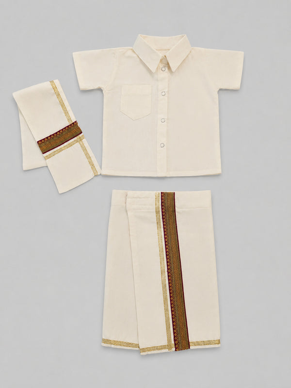 TIPY TIPY TAP WHITE ONAM DHOTI AND SHIRT SET WITH STOLE - BEIGE