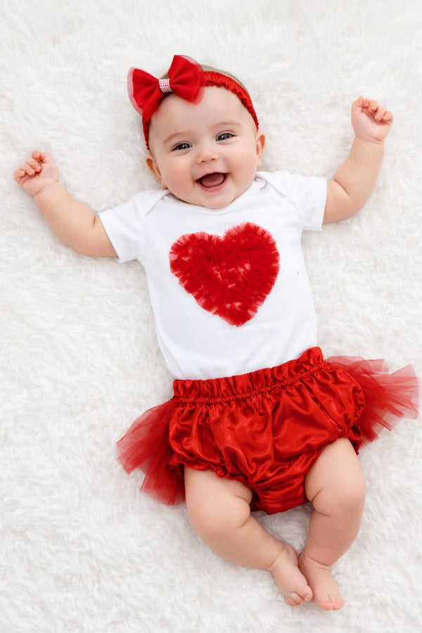 TIPY TIPY TAP 3PC FRILLY HEART BODYSUIT WITH BLUMER & HEADBAND - RED/WHITE