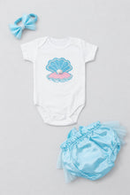 TIPY TIPY TAP 3PC SEASHELL BODYSUIT WITH BLUMER & HEADBAND - BLUE/WHITE