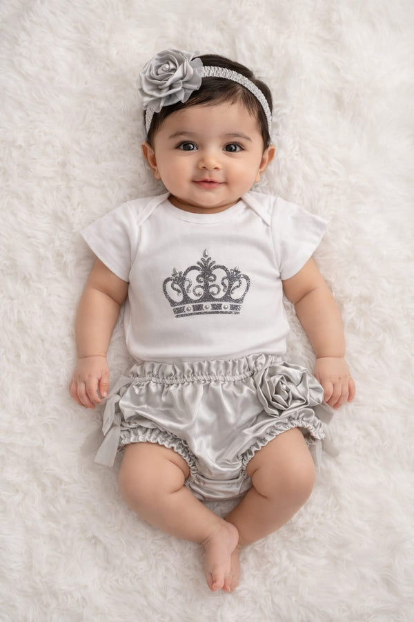 TIPY TIPY TAP 3PC CROWN BODYSUIT WITH BLUMER &amp; HEADBAND - GREY/WH