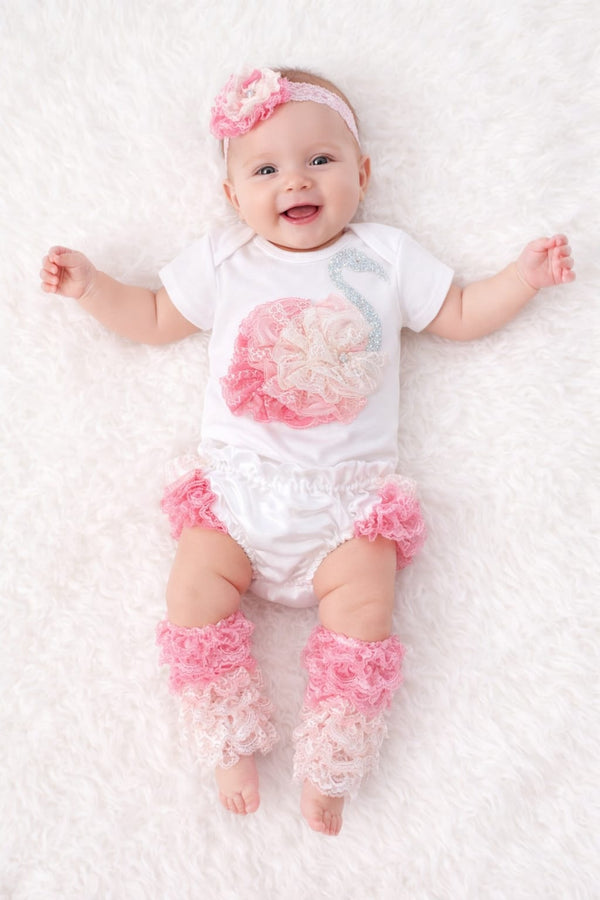 TIPY TIPY TAP 4PC LACEY FLAMINGO BODYSUIT WITH BLUMER, HEADBAND AND LEGWARMERS - PINK/WHITE
