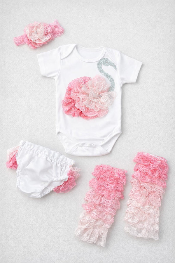 TIPY TIPY TAP 4PC LACEY FLAMINGO BODYSUIT WITH BLUMER, HEADBAND AND LEGWARMERS - PINK/WHITE