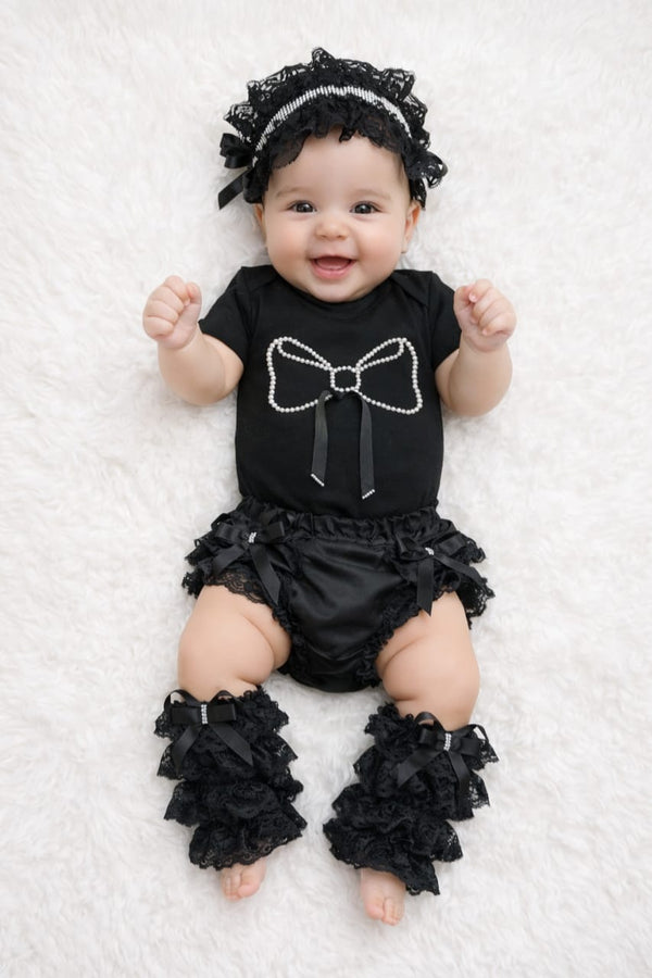 TIPY TIPY TAP 4PC LACEY BOW BODYSUIT WITH BLUMER, HEADBAND AND LEGWARMERS - BLACK/OFF WHITE