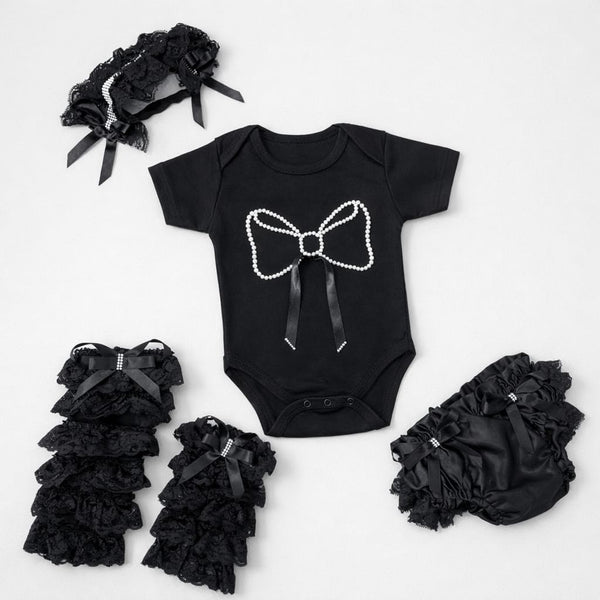 TIPY TIPY TAP 4PC LACEY BOW BODYSUIT WITH BLUMER, HEADBAND AND LEGWARMERS - BLACK/OFF WHITE