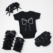 TIPY TIPY TAP 4PC LACEY BOW BODYSUIT WITH BLUMER, HEADBAND AND LEGWARMERS - BLACK/OFF WHITE