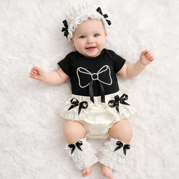 TIPY TIPY TAP 4PC LACEY BOW BODYSUIT WITH BLUMER, HEADBAND AND LEGWARMERS - BLACK/OFF WHITE