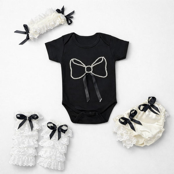 TIPY TIPY TAP 4PC LACEY BOW BODYSUIT WITH BLUMER, HEADBAND AND LEGWARMERS - BLACK/OFF WHITE