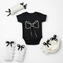 TIPY TIPY TAP 4PC LACEY BOW BODYSUIT WITH BLUMER, HEADBAND AND LEGWARMERS - BLACK/OFF WHITE