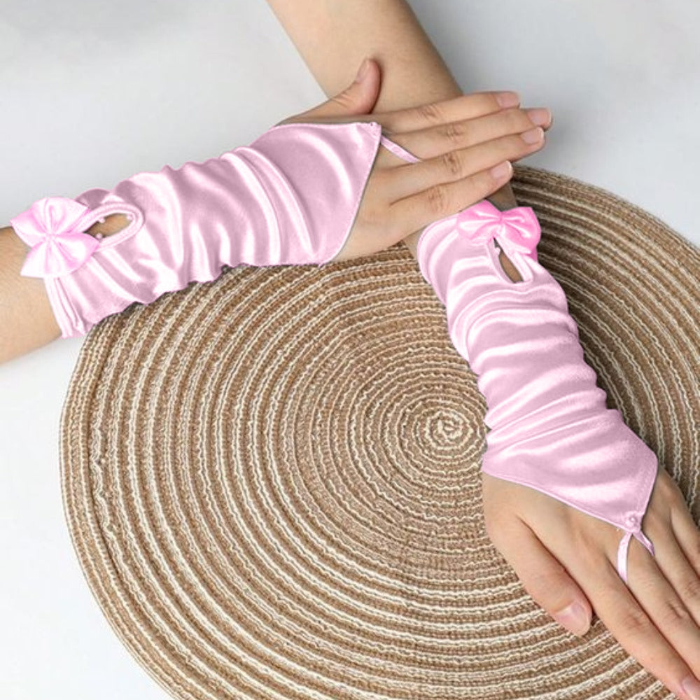 TIPY TIPY TAP FINGERLESS SATIN BOW GLOVES - PINK