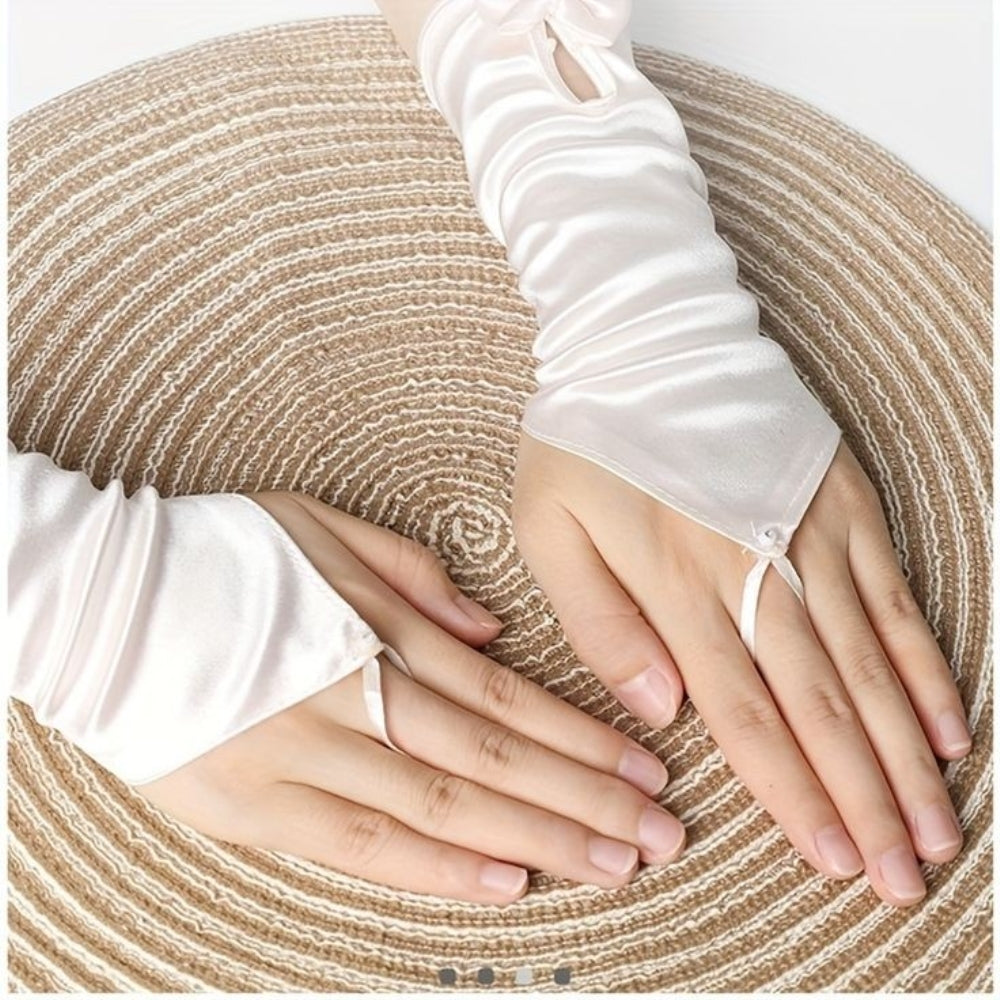 TIPY TIPY TAP FINGERLESS SATIN BOW GLOVES - IVORY