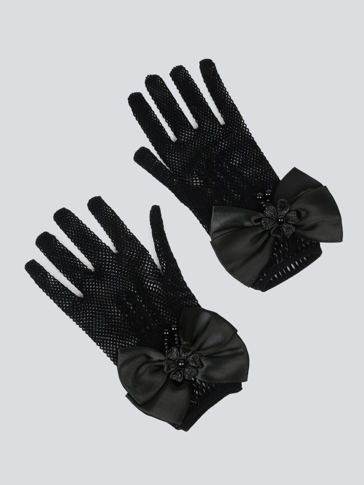 TIPY TIPY TAP FULLFINGER NETTED BOW GLOVES - BLACK