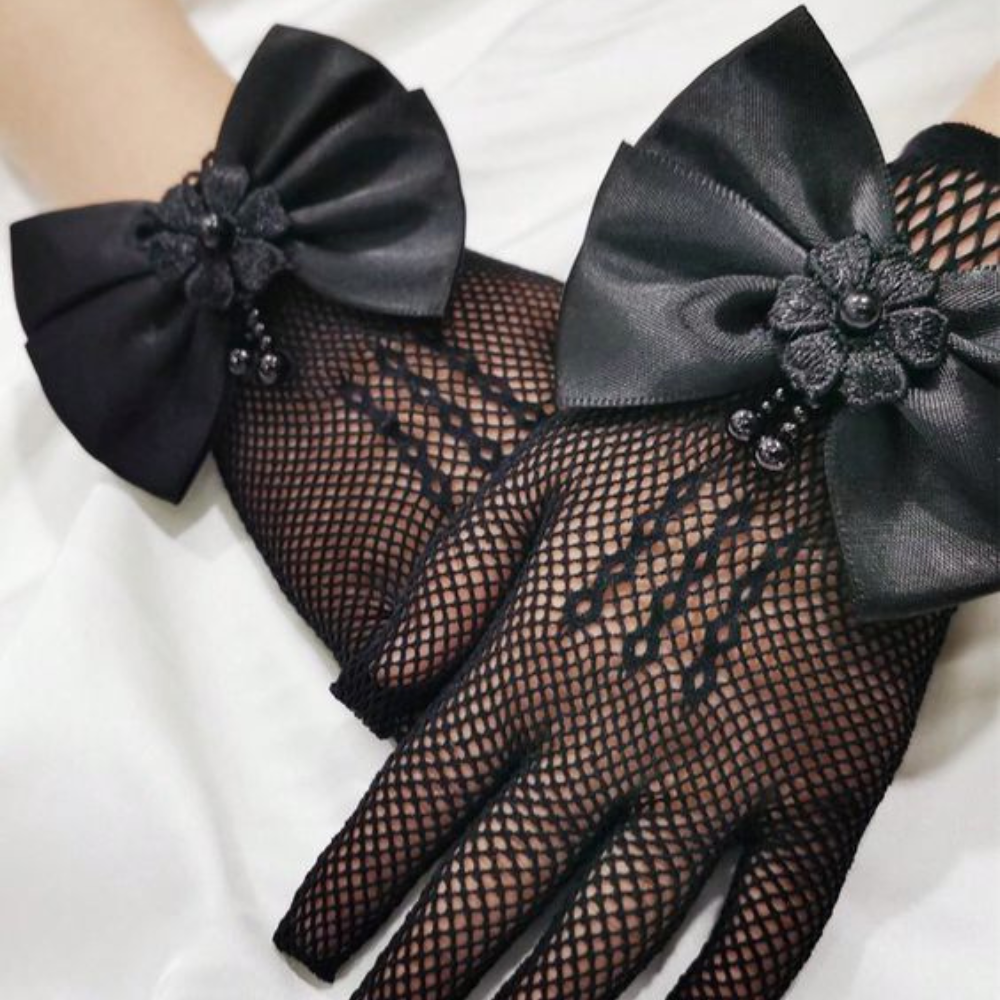 TIPY TIPY TAP FULLFINGER NETTED BOW GLOVES - BLACK