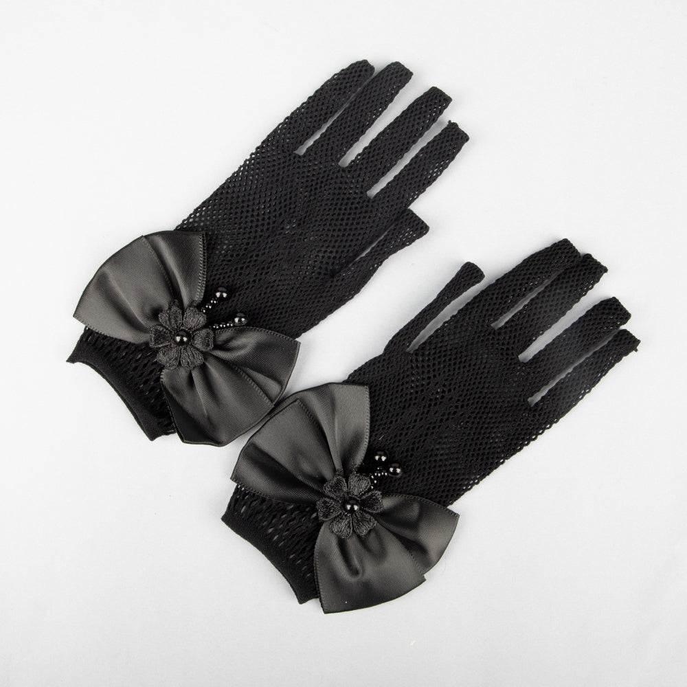 TIPY TIPY TAP FULLFINGER NETTED BOW GLOVES - BLACK